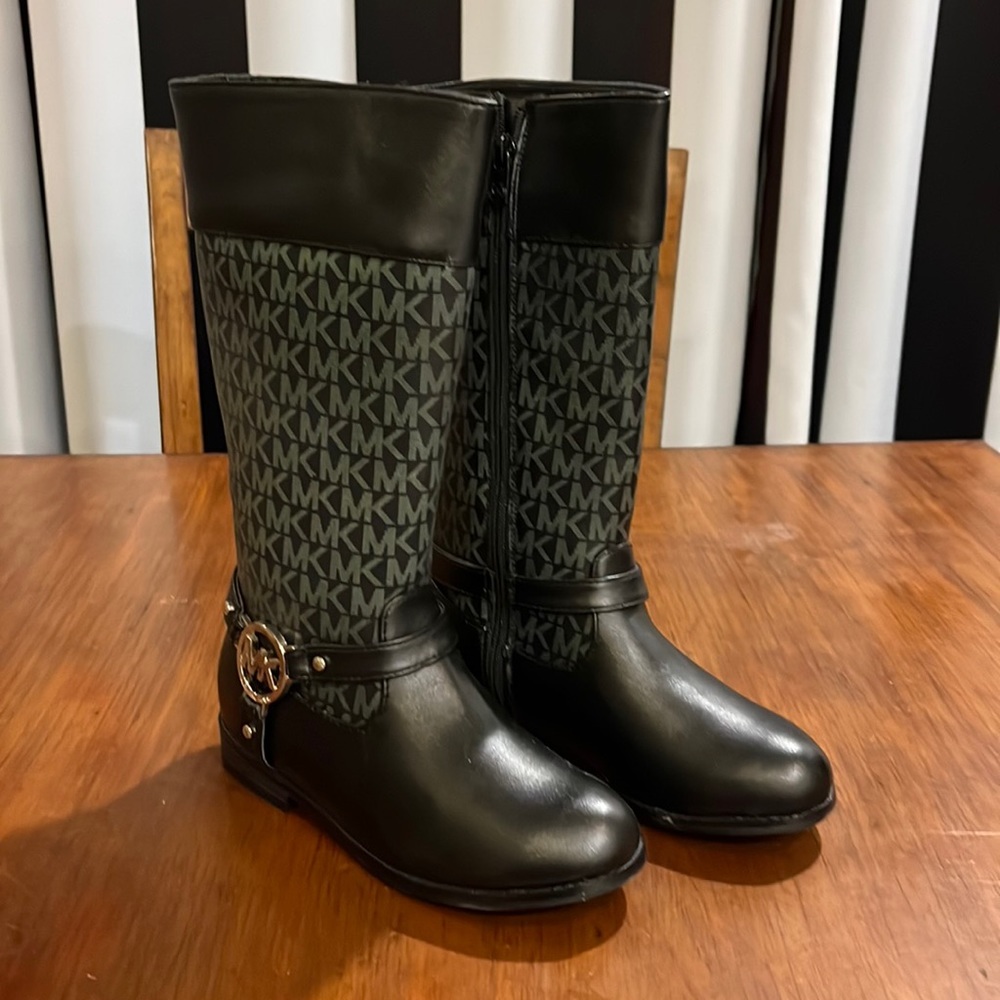 NWT Michael Kors Black MK Logo Tall Riding Boots with Gold Accent